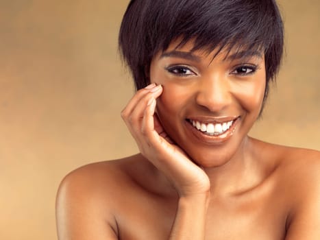 Smile, glow and portrait of black woman for beauty, skincare and cosmetics isolated on brown background. Happy, face and girl for self care, dermatology and natural shine on studio backdrop.