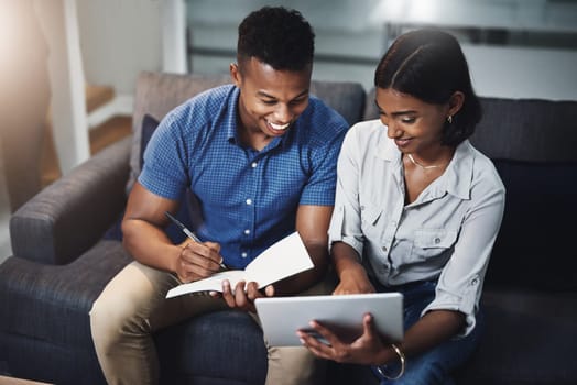 Training, tablet and business people with books in office for learning, planning or writing, notes and reminder with lens flare. Notebook, coaching or manager show intern digital, checklist or idea.