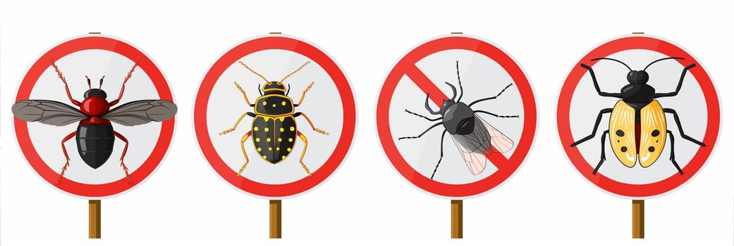 Display of four signs with different bugs on them, lined up in a row against a wall outdoors.