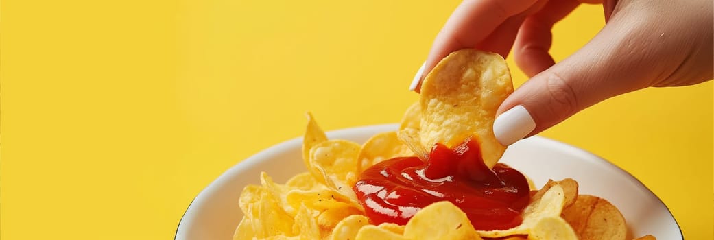 A bowl filled with crispy chips topped with a generous amount of ketchup.