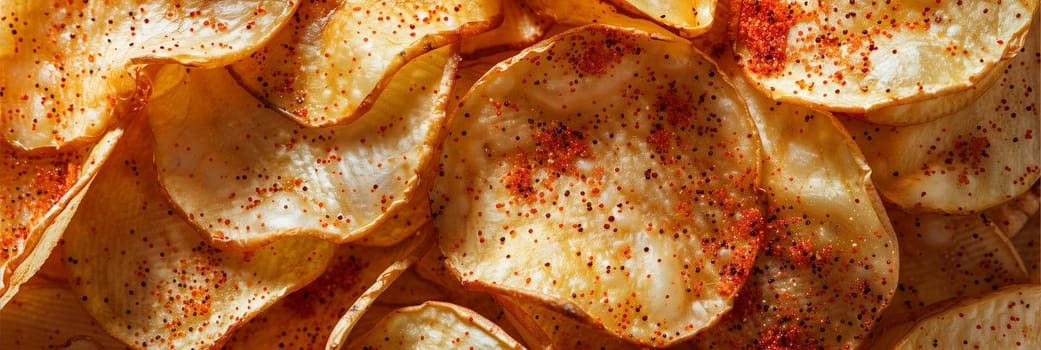 A detailed view of a large stack of crispy potato chips, showing their texture, colors, and shapes.