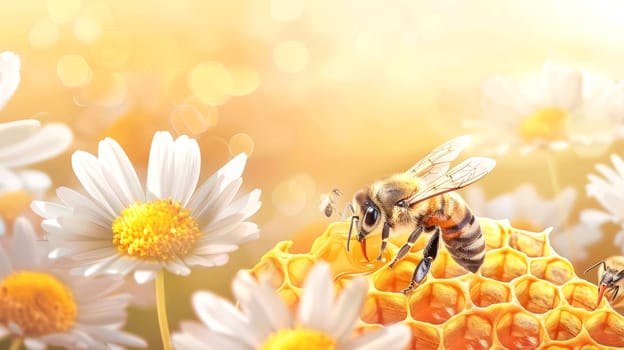 A bee at work on a golden honeycomb, among honey-bearing herbs and flowers. International Bee Day. AI generated.