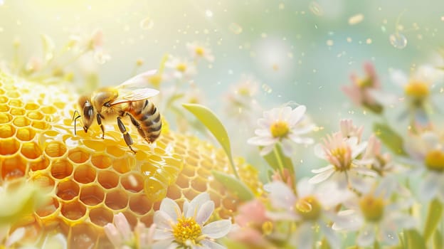 A bee at work on a golden honeycomb, among honey-bearing herbs and flowers. International Bee Day. AI generated.