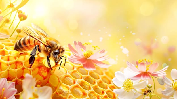 A bee at work on a golden honeycomb, among honey-bearing herbs and flowers. International Bee Day. AI generated.