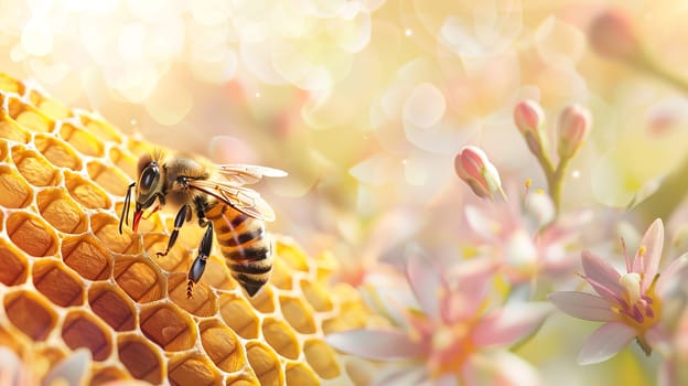 A bee at work on a golden honeycomb, among honey-bearing herbs and flowers. International Bee Day. AI generated.