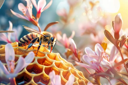 A bee at work on a golden honeycomb, among honey-bearing herbs and flowers. International Bee Day. AI generated.