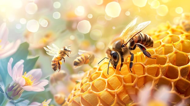 A bee at work on a golden honeycomb, among honey-bearing herbs and flowers. International Bee Day. AI generated.