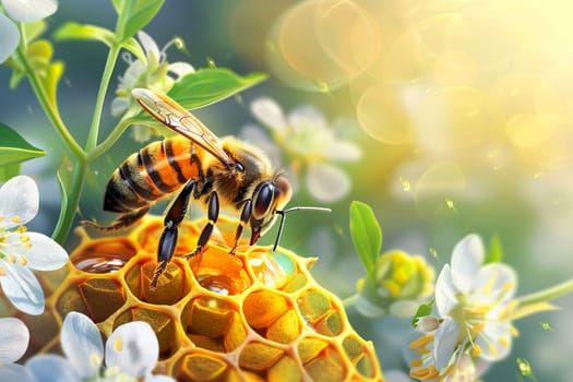 A bee at work on a golden honeycomb, among honey-bearing herbs and flowers. International Bee Day. AI generated.