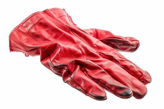 A pair of red leather gloves laid on a plain white surface.