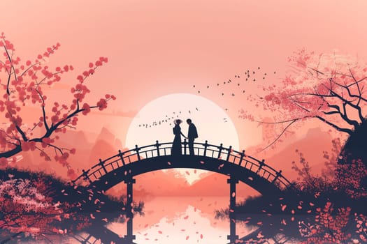 A couple stands together on a bridge overlooking a flowing river below.