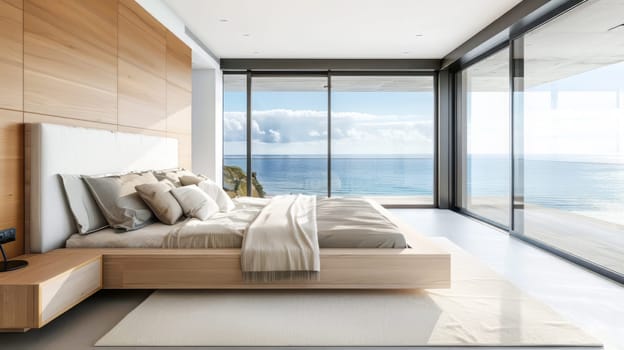 Minimalist bedroom interior with ocean sea view. Modern coastal interior. Summer, travel, vacation, dreams holiday, resort.