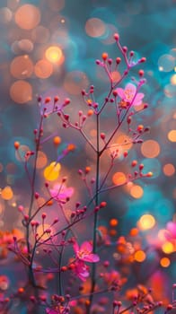 A close up of a flower with some colorful lights in the background