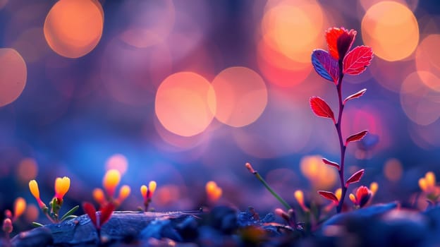 A close up of a small plant with colorful lights in the background