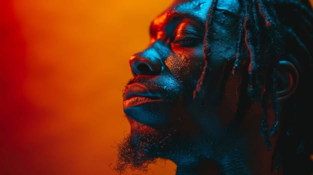 A close up of a man with dreads and blue paint on his face