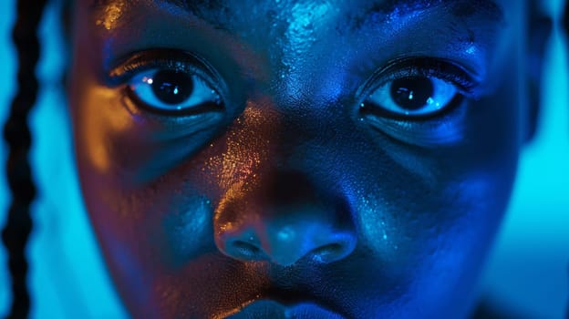 A close up of a woman with dreads and blue skin
