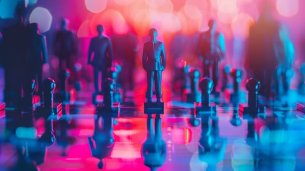 A group of figurines standing on a chess board with colorful lights