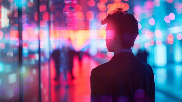A man in a suit looking at the lights of an urban area