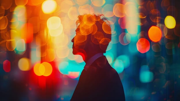 A man in a suit standing next to colorful lights