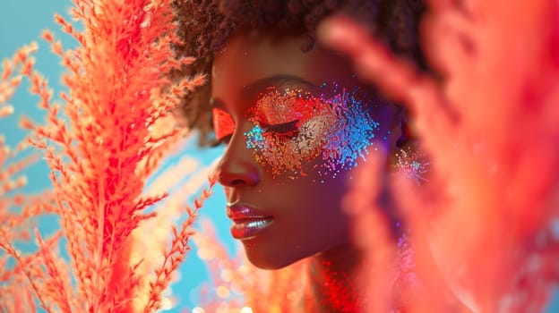 A close up of a woman with colorful makeup and flowers