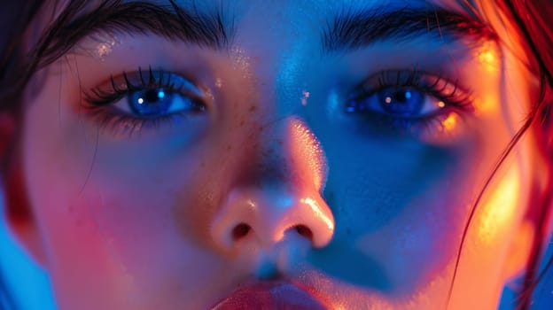A close up of a woman with blue eyes and wet hair