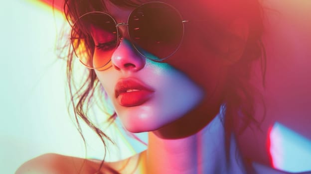 A woman with sunglasses and a colorful background
