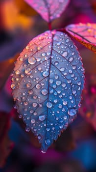 A close up of a leaf with water droplets on it
