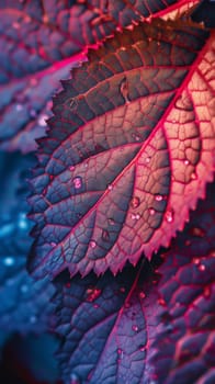 A close up of a leaf with water droplets on it