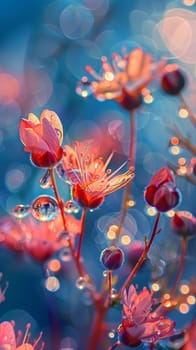 A close up of a bunch of flowers with water droplets on them
