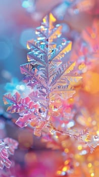 A close up of a colorful snowflake on top of some leaves