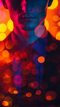 A man in a suit and tie with lights behind him