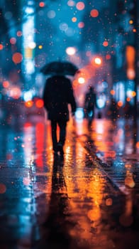 A person walking down a street with an umbrella in the rain