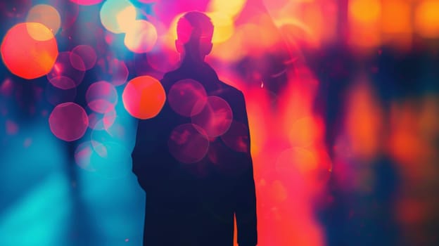 A man standing in front of a blurred background with colorful lights