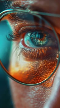 A close up of a man's eye with glasses on