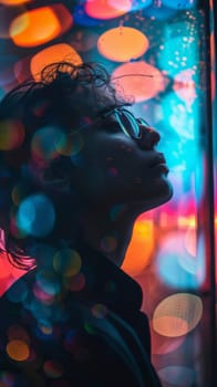 A woman with glasses looking up at a colorful light display