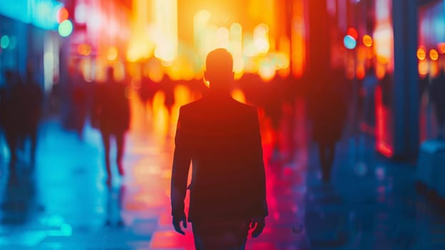 A person walking down a city street at night with colorful lights
