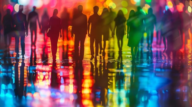 A group of people walking in a city at night