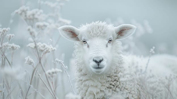 A close up of a sheep in the snow with some grass