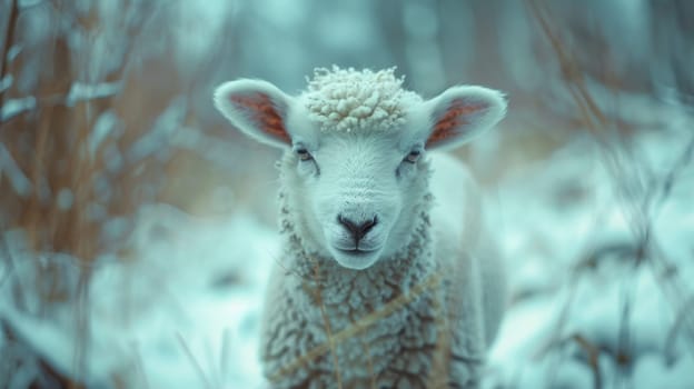 A close up of a sheep standing in the snow