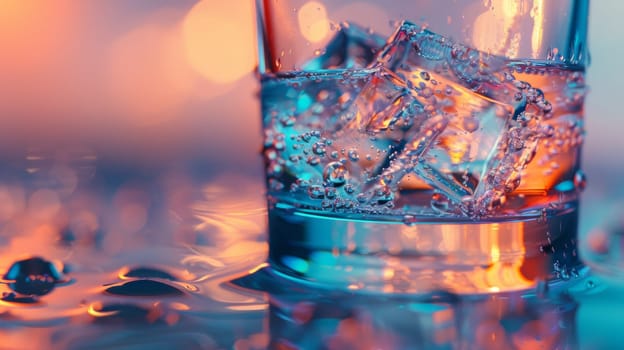A close up of a glass filled with ice cubes and water