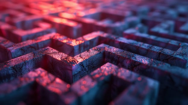 A close up of a maze with red and blue lights