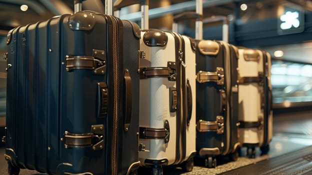 A row of suitcases are lined up on the conveyor belt