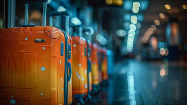 A row of orange luggage sitting in a line at an airport