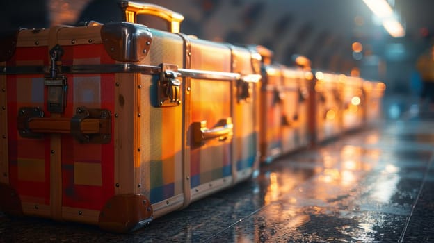 A row of colorful suitcases lined up on a tiled floor