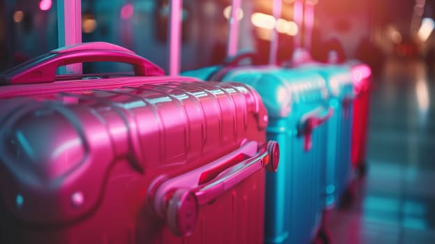A row of colorful luggage sitting in a line at the airport