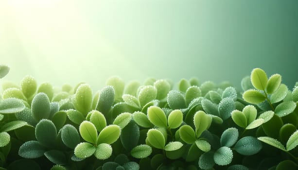 spring background, morning dew on green leaves, copy space close-up