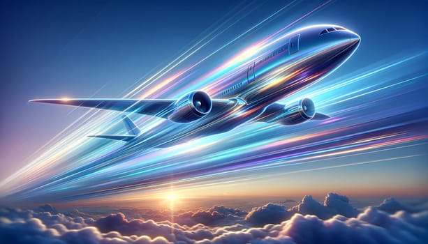 holographic passenger plane flying above the clouds in the sunlight.