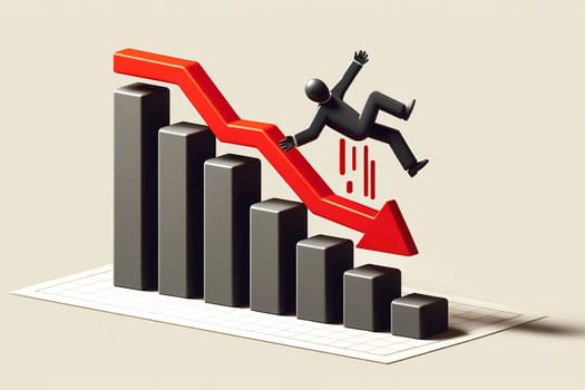 model of a man in a business suit falling from a career ladder, descending bar graph with red down arrow.