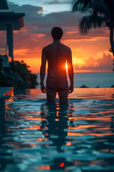 A man is standing in the water of a swimming pool at sunset, surrounded by orange clouds and the afterglow of dusk reflecting in the sky
