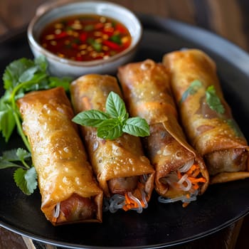 A black plate featuring spring rolls served with a side bowl of dipping sauce. These crispy lumpia are a popular fast food dish in Asian cuisine