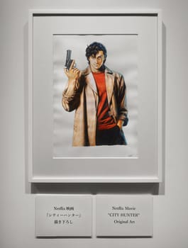 tokyo, japan - apr 25 2024: Hand-drawn drawing of City Hunter or Nicky Larson illustrated by Tsukasa Hojo for Netflix movie during the 40th Anniversary 2025 Limited Special Exhibition of Gallery Zenon
